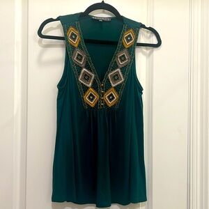 Emerald Green Sleeveless Top Geometric Beaded Embellished Boho Festival‎ Style